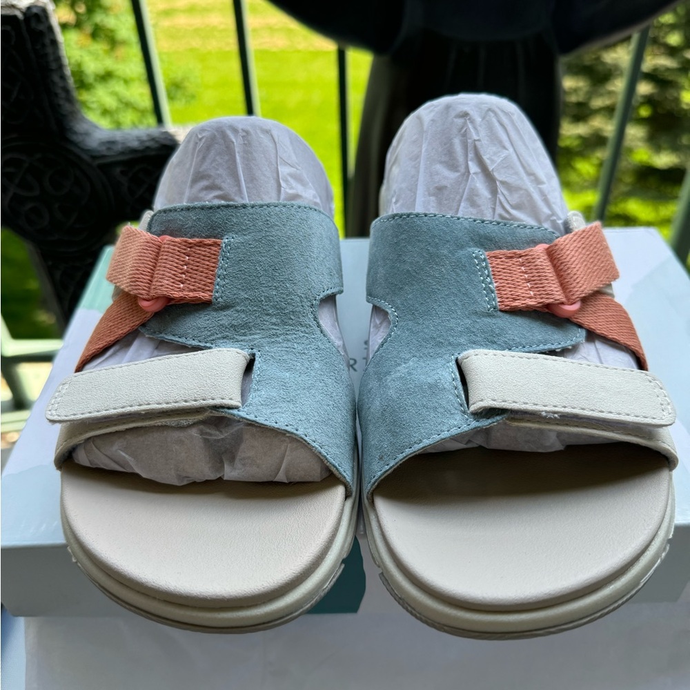 Earth Origins sz9 Suede Sport Slide Sandals Vara Blue/Orange 9